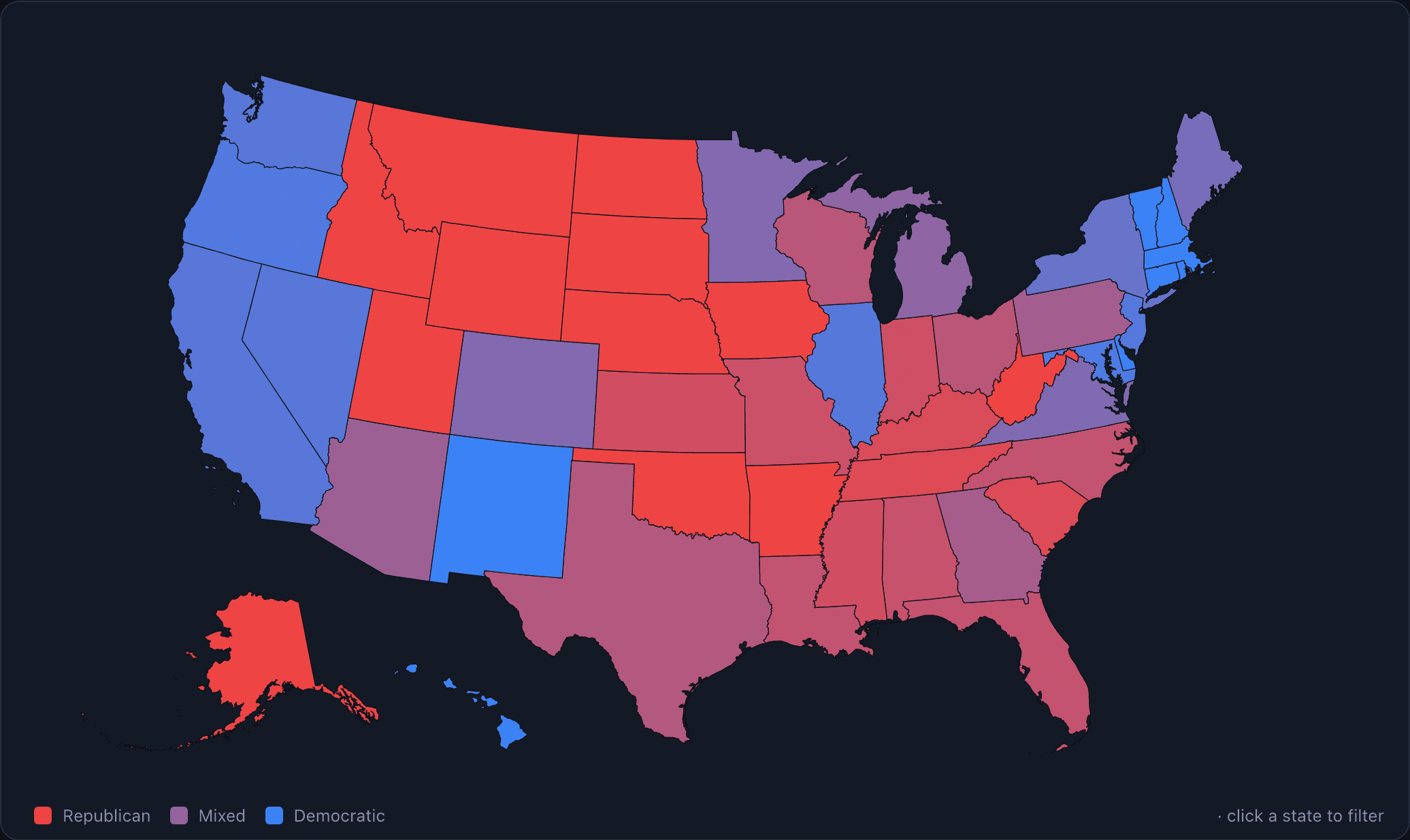 A map of the United States shaded by each state's congressional delegation